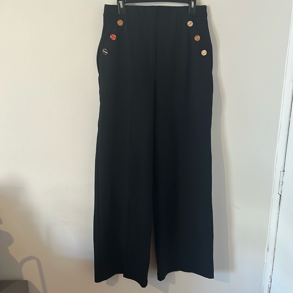 Spanx Women's Black High Waist Nautical Gold Buttons Wide leg Pants Large tall